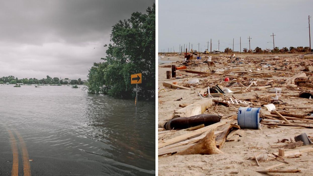 Waters flood a road near Houston, TX following Hurricane Harvey. Right: Debris covers a beach in Galveston, TX after a hurricane.