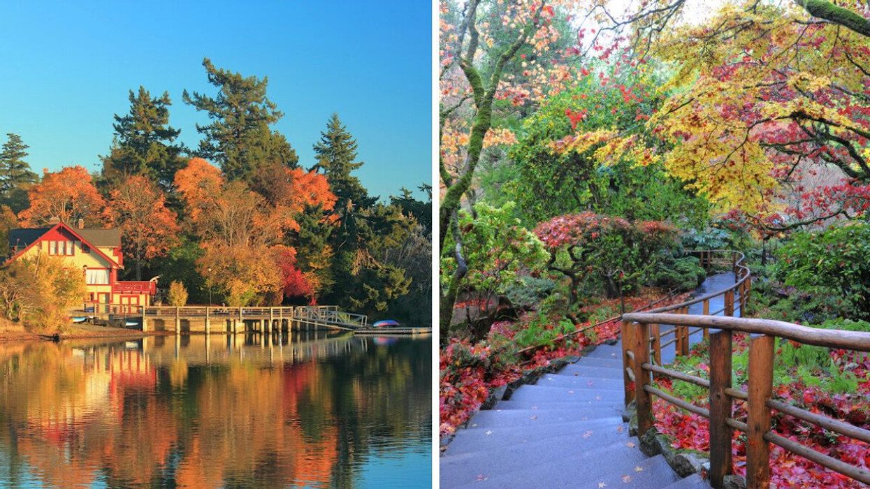 Waterway in Victoria, B.C. Right: Japanese garden in Butchart Gardens in the fall.