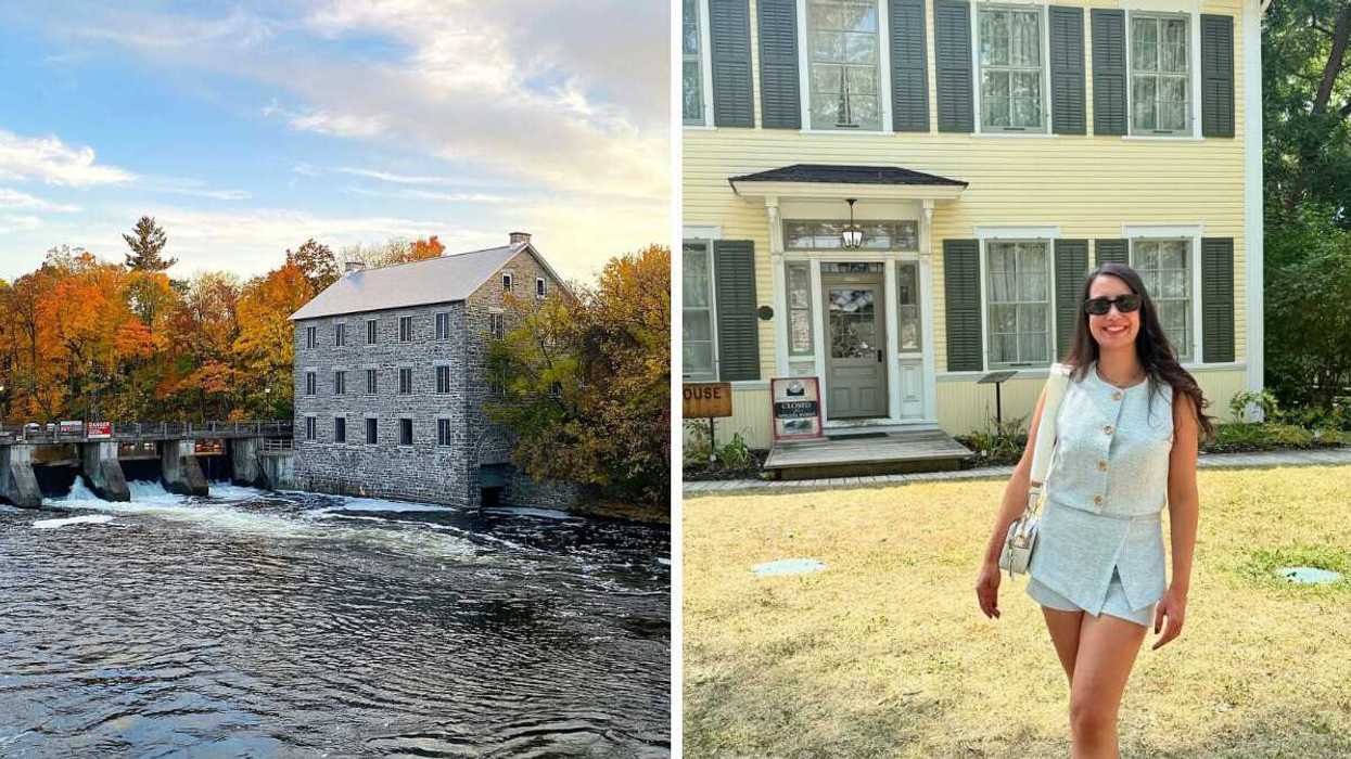 Watson’s Mill viewed from across the Rideau River in Manotick, Right: Woman posing in front of Dickinson House in Manotick.