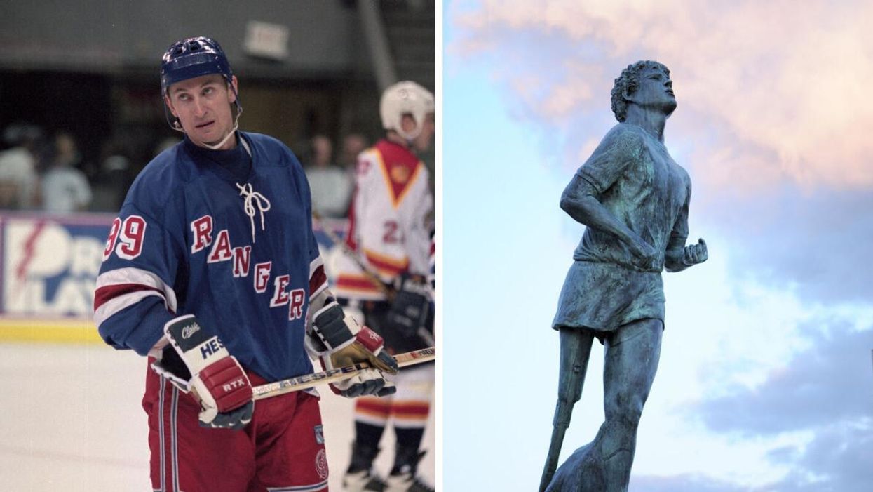 Wayne Gretzky. Right: A statue of Terry Fox.