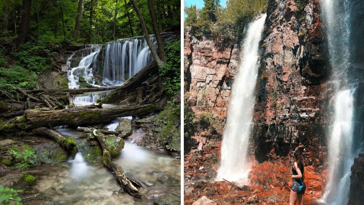 Weavers Creek Falls in Owen Sound, Ontario. Right: Mazukama Falls in Thunder Bay, Ontario.
