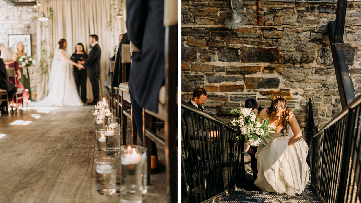 Wedding ceremony aisle lined with candles. Right: Bride walking up stairs with exposed brick behind her.