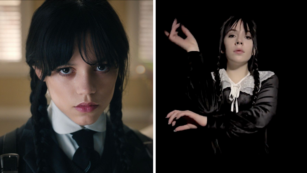 « Wednesday » sur Netflix. Droite : Alexandra Sicard pour le rôle de « Mercredi » dans la comédie musicale « La Famille Addams ».