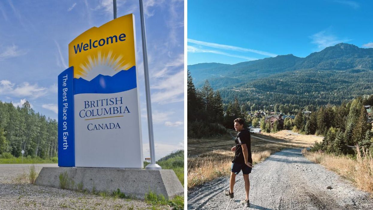 'Welcome to British Columbia' sign. Right: Person hiking in B.C.
