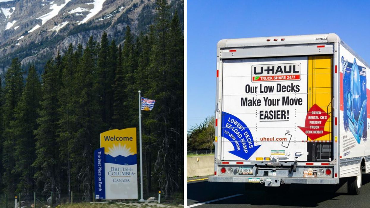 Welcome to British Columbia sign with trees and mountains in the background. Right: U-haul moving truck on the road.