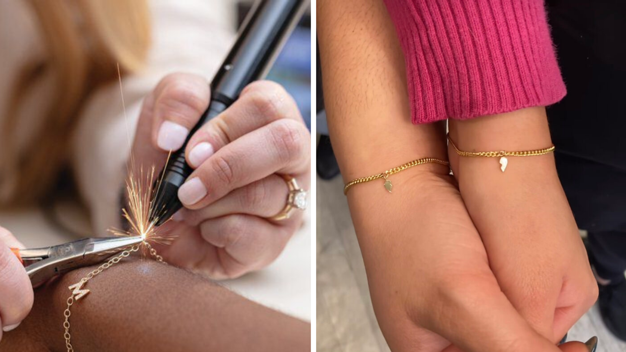 Welding a bracelet chain on a wrist. Right: Two hands with matching permanent bracelets.