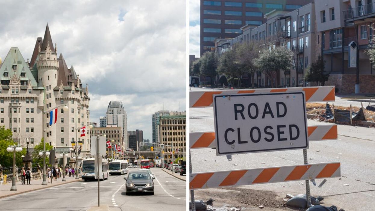 Wellington Street. Right: Road closure sign.