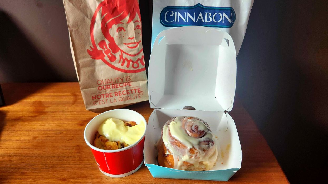 Wendy's Cinnabon Pull-Apart in a cup. The Cinnabon Classic Roll in a box.