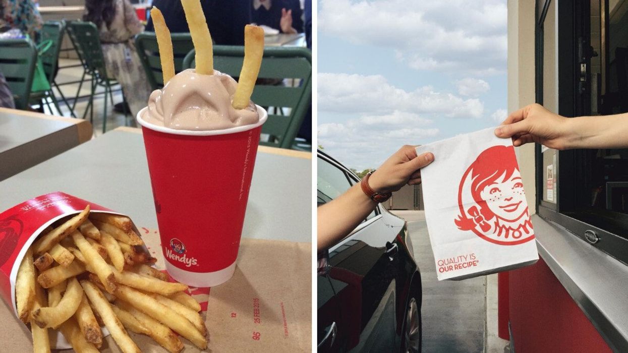Wendy's Frosty with fries. Right: Wendy's drive-thru.