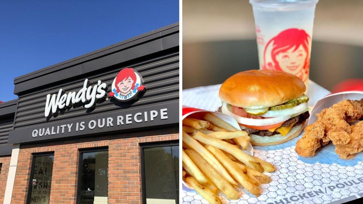 Wendy's location. Right: Wendy's burger, fries, chicken and drink.