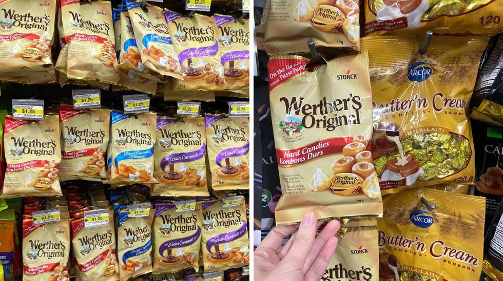 werther's original candies at dollarama. right: person holding a werther's original bag at dollar tree