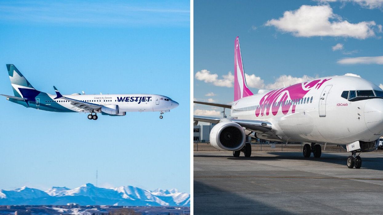 WestJet airplane flying in Calgary. Right: Swoop plane on the tarmac at an airport.