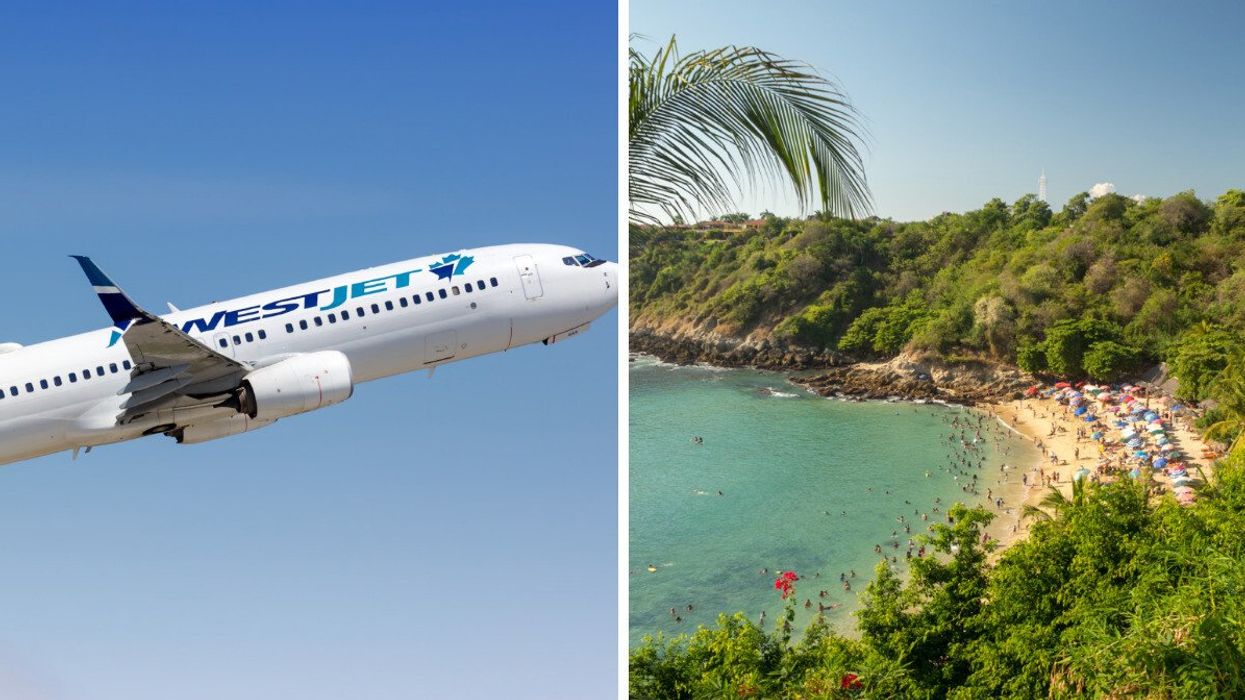 WestJet airplane. Right: A beach in Mexico.