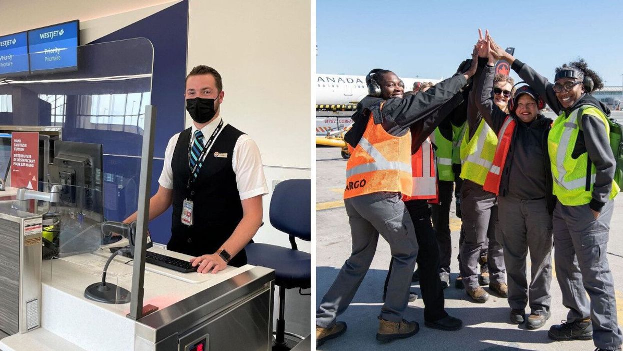 WestJet employee at an airport. Right: Air Canada employees standing on an airport tarmac.