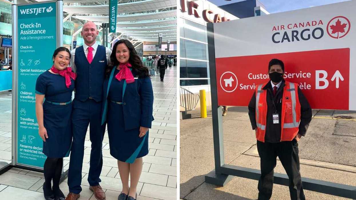 westjet employees in an airport. right: air canada employee in front of a sign