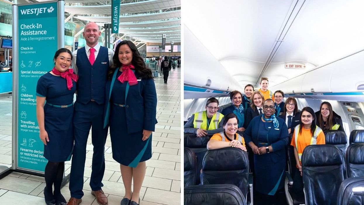 westjet employees standing at an airport check in. right: westjet works in the cabin of an airplane