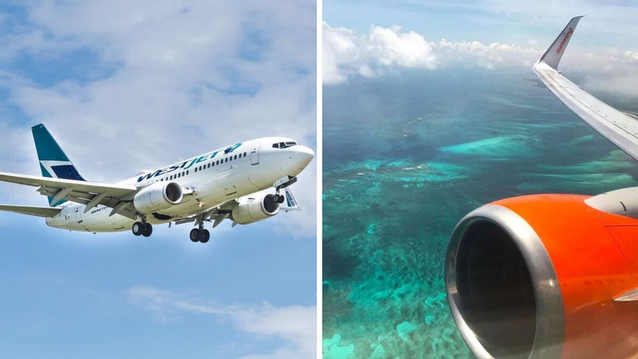 WestJet plane taking off in Toronto. Right: Wing of a Sunwing plane that's flying over the Caribbean Sea.