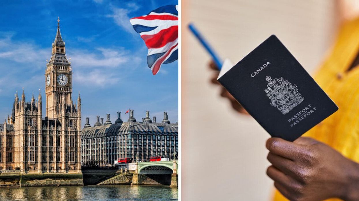 Westminster Palace in London. Right: A person holds a Canadian passport.