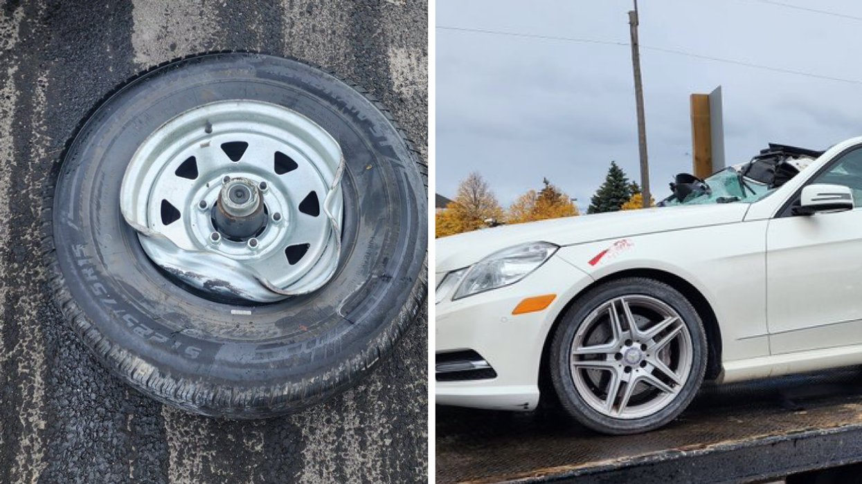 Wheel. Right: Damaged vehicle.