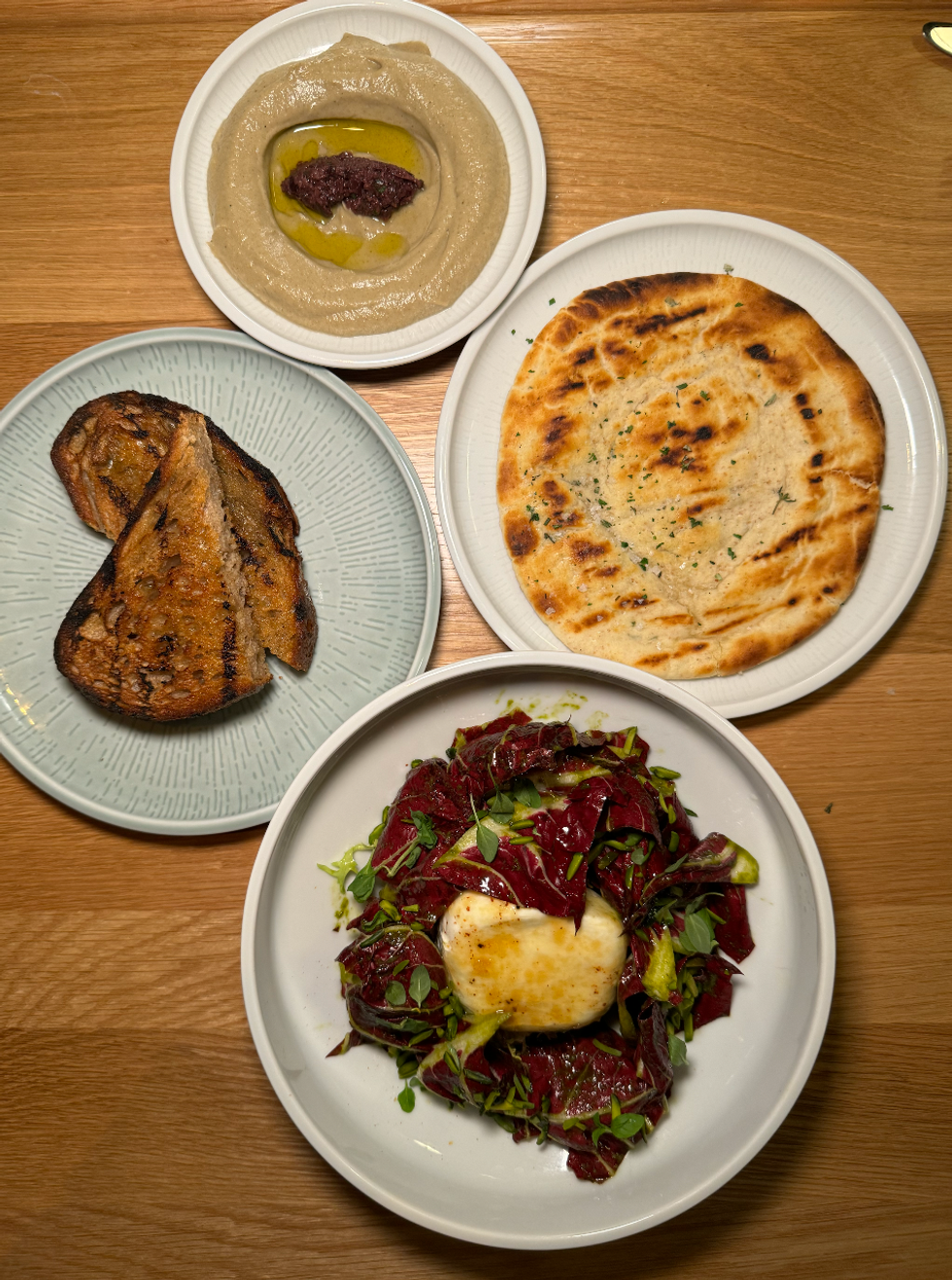 Whipped Eggplant, flatbread, sour dough bread and Burrata.