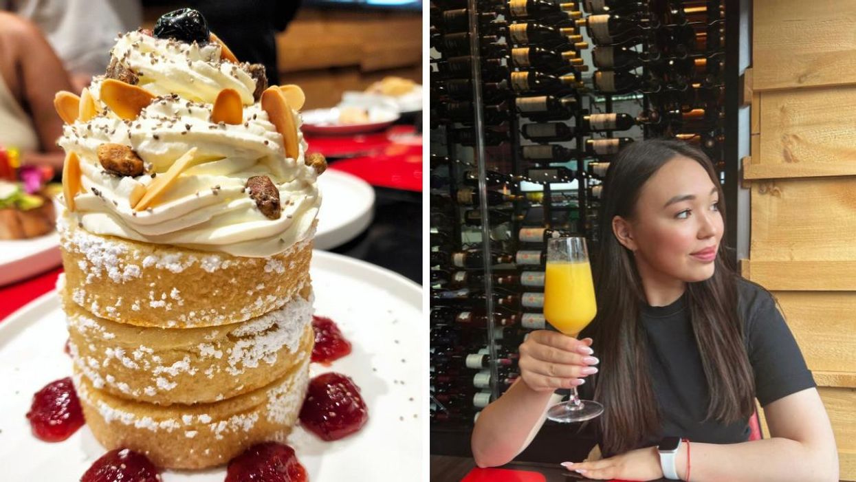 Whipped Mascarpone Pancakes. Right: Woman sitting at a restaurant with a mimosa.