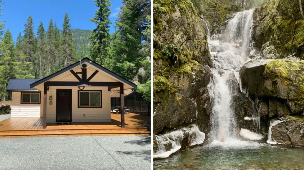 White Airbnb cottage surrounded by trees. Right: Bosumarne Falls, B.C.