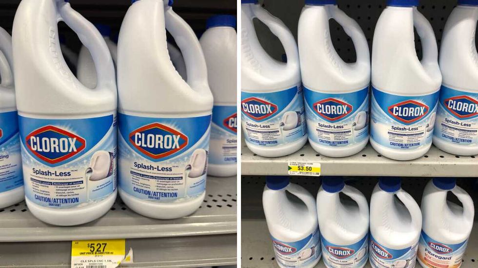 White and blue bottles of \u200bClorox concentrated bleach on a store shelf. Right: White and blue bottles of \u200bClorox concentrated bleach on a store shelf.
