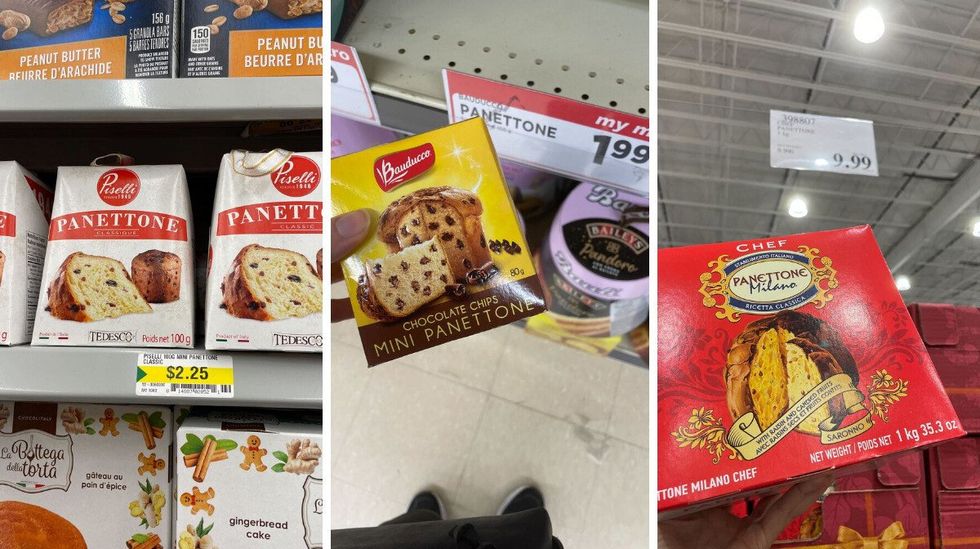 white and red mini panetonne boxes at dollarama. centre: yellow panettone box at metro. right: red panettone box at costco.