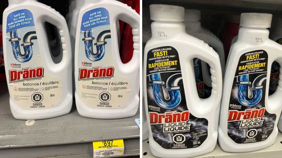 White bottles that say Drano and "safe on all pipes" on a store shelf. Right: White and black bottles that say Drano and "opens drains fast" on the front.