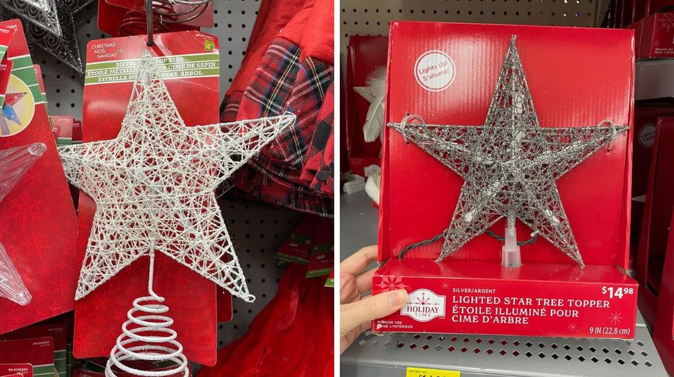 white christmas tree topper at dollarama. right: silver christmas tree topper at walmart that lights up