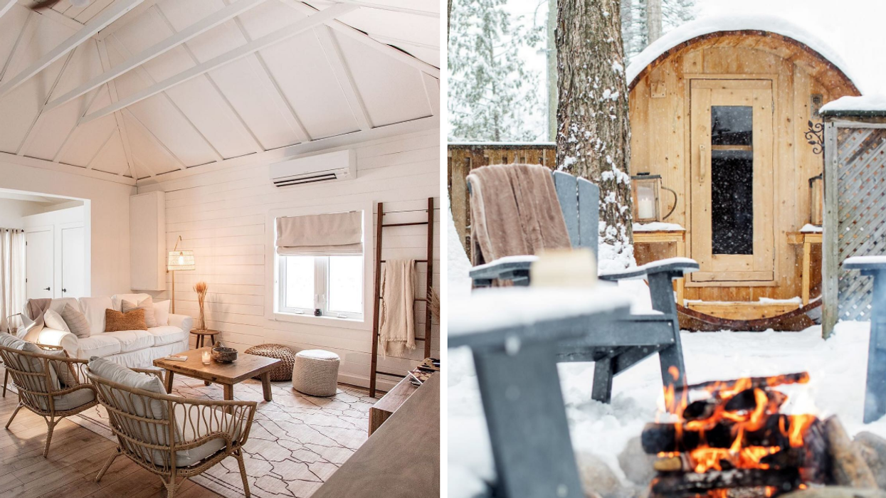 White living room of a cabin Airbnb in Tiny, Ontario. Right: A fire pit and adirondack chairs in a snow-laden backyard.