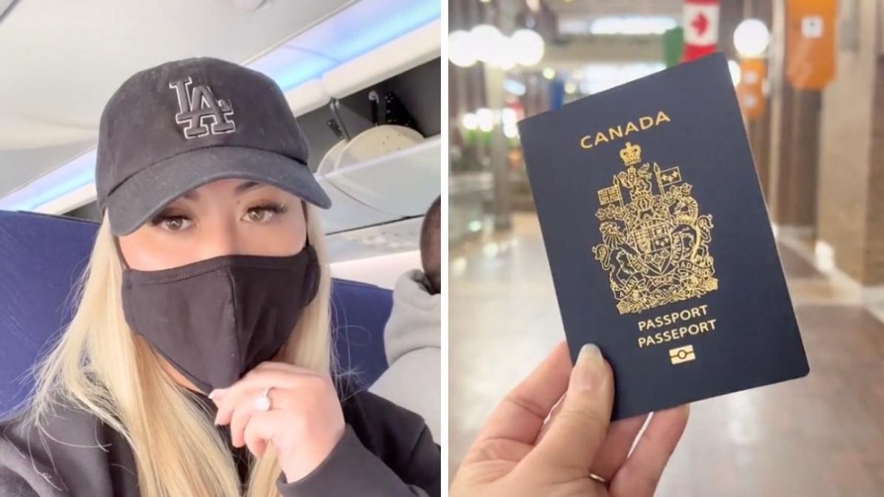 Whitney on the flight. Right: A Canadian Passport