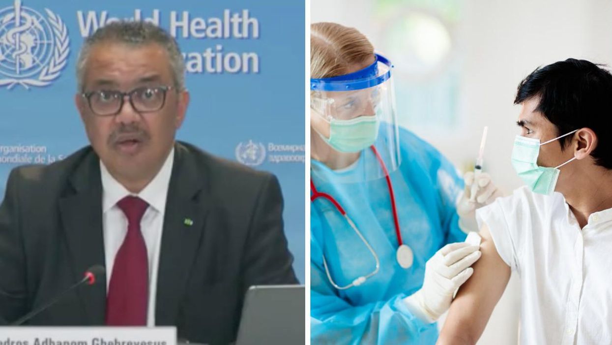 WHO Director-General Tedros Adhanom Ghebreyesus during a media briefing. Right: Person getting a vaccine.