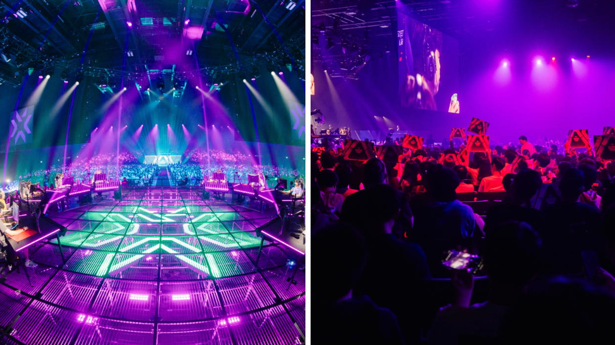 Wide view of neon-lit esports stage during live tournament. Right: Crowd of esports fans watching gameplay on big screen.