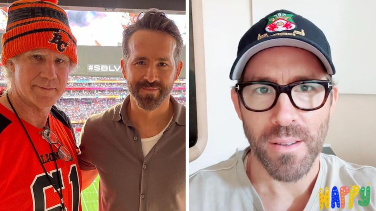 Will Ferrell and Ryan Reynolds at a football game. Right: Ryan Reynolds.