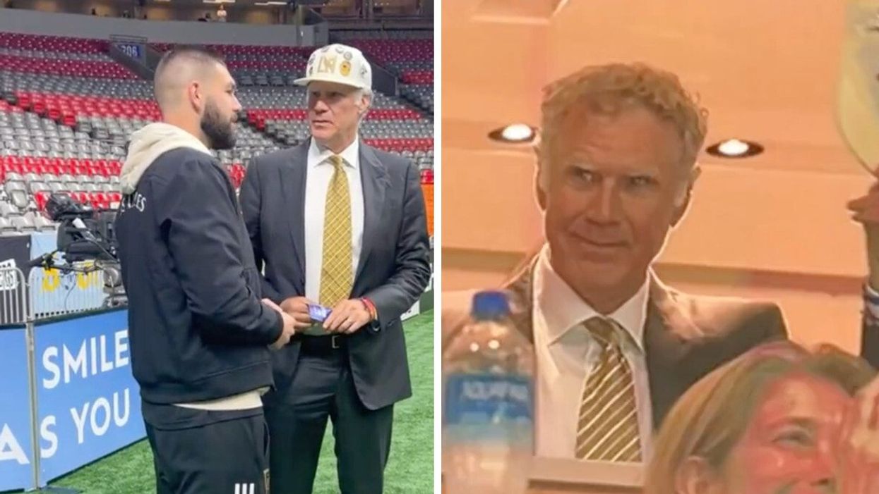 Will Ferrell talking to Canadian soccer player Maxime Crépeau in Vancouver. Right: Will Ferrell at a soccer game in Vancouver.