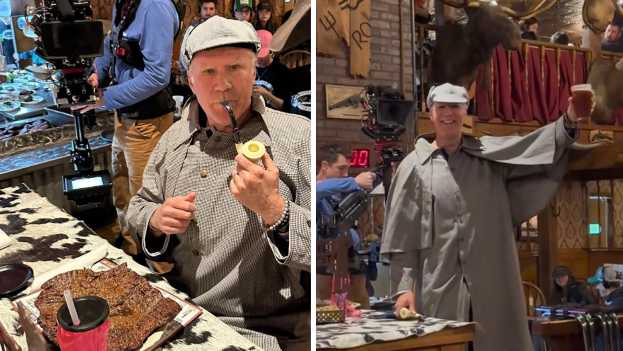 Will Ferrell with the 72 oz. steak. Right: Ferrell holding a drink at The Big Texan.