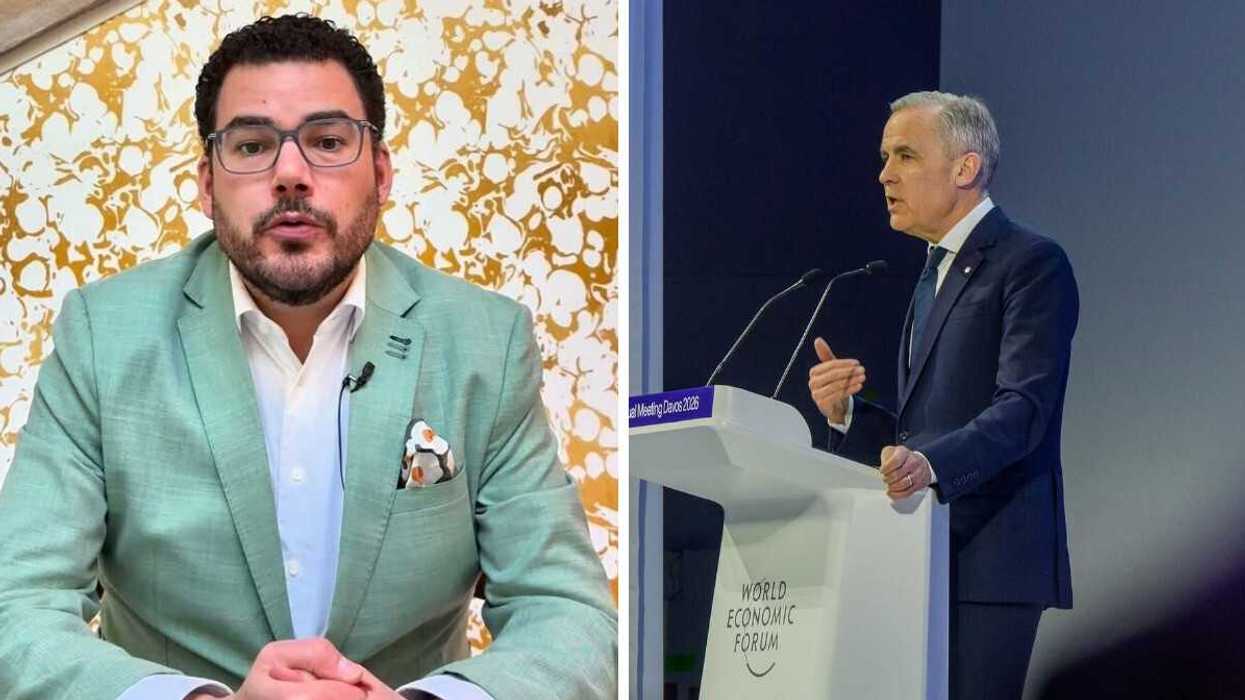 Will Greaves speaks to camera. Right: Mark Carney delivers a speech at a podium.