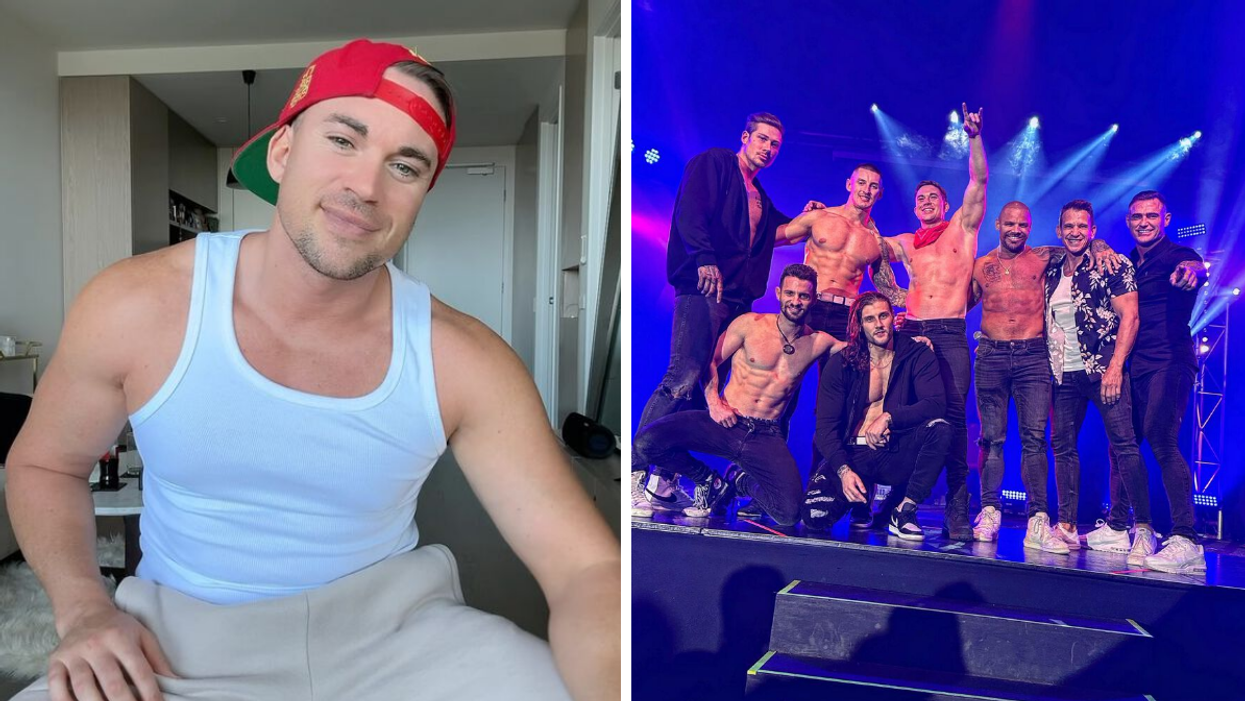 Will Parfitt, sosie de Channing Tatum, en camisole blanche. Droite : La troupe de Magic Men Australia sur scène.