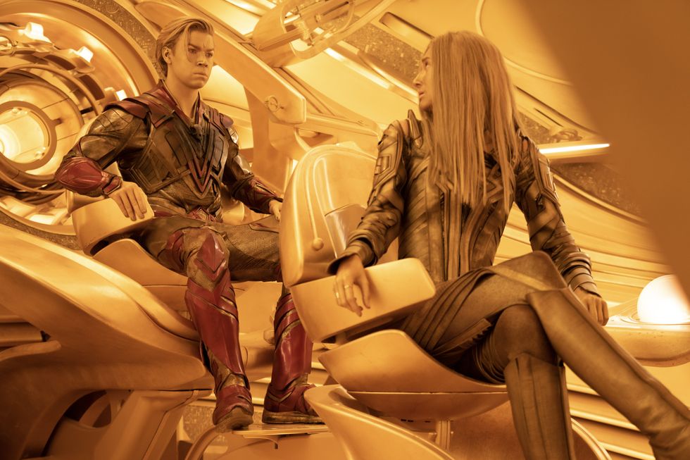 Will Poulter as Adam Warlock and Elizabeth Debicki as Ayesha in Marvel Studios' "Guardians Of The Galaxy Vol. 3."