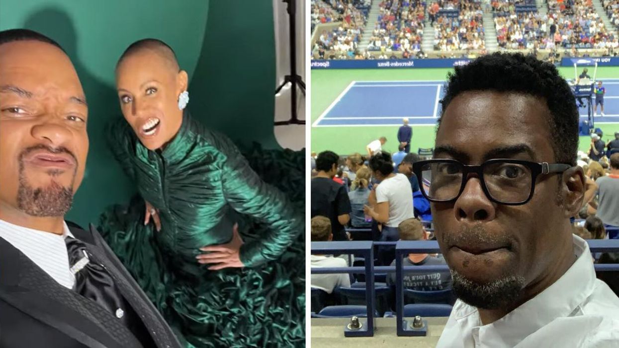 Will Smith and Jada Pinkett Smith at the Oscars. Right: Chris Rock at a tennis match.