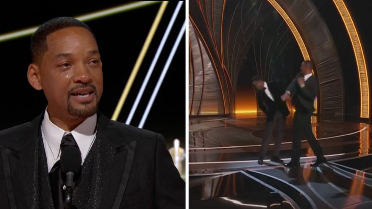 Will Smith crying during his Oscars acceptance speech. Right: Will Smith slapping Chris Rock.
