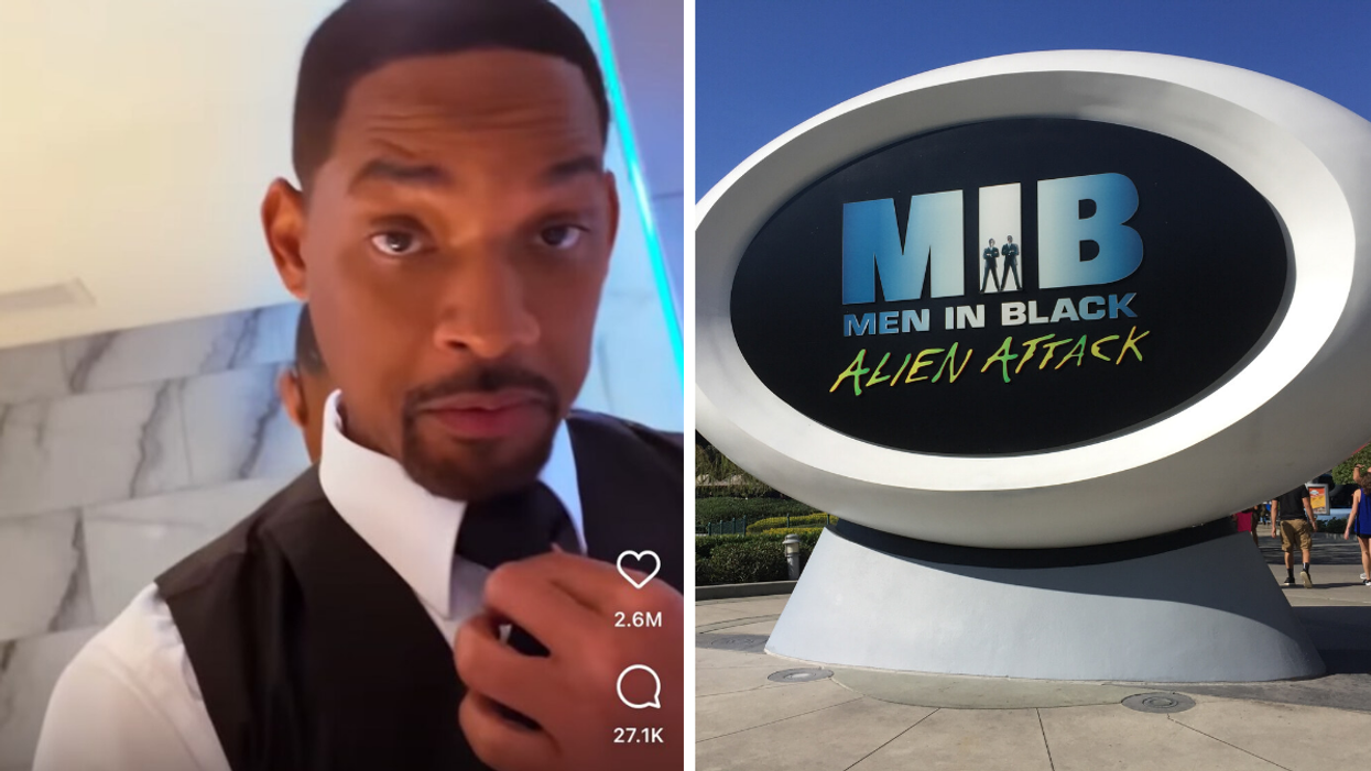 Will Smith. Right: 'Men In Black: Alien Attack' ride at Universal Studios Orlando.