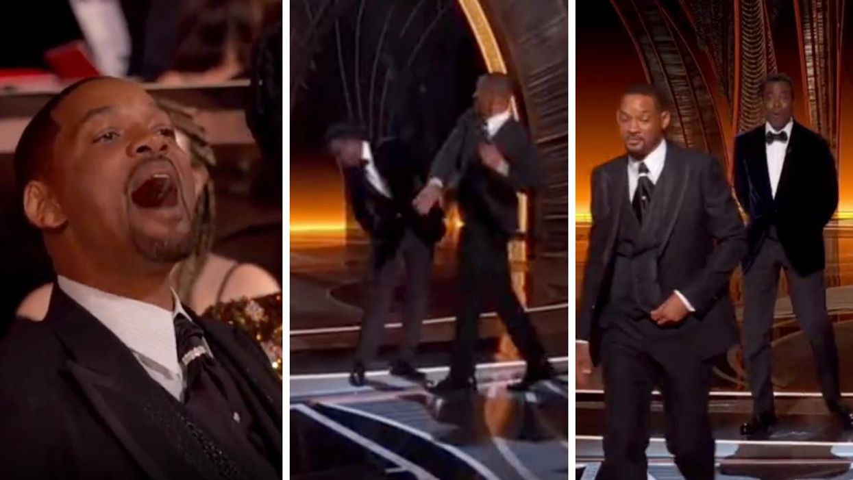 Will Smith shouting at Chris Rock. Middle: Will Smith slapping Chris Rock. Right: Will Smith walking away after the slap.