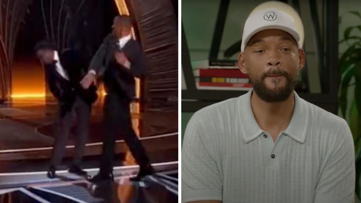 Will Smith slapping Chris Rock at the Oscars. Right: Will Smith in his apology video.