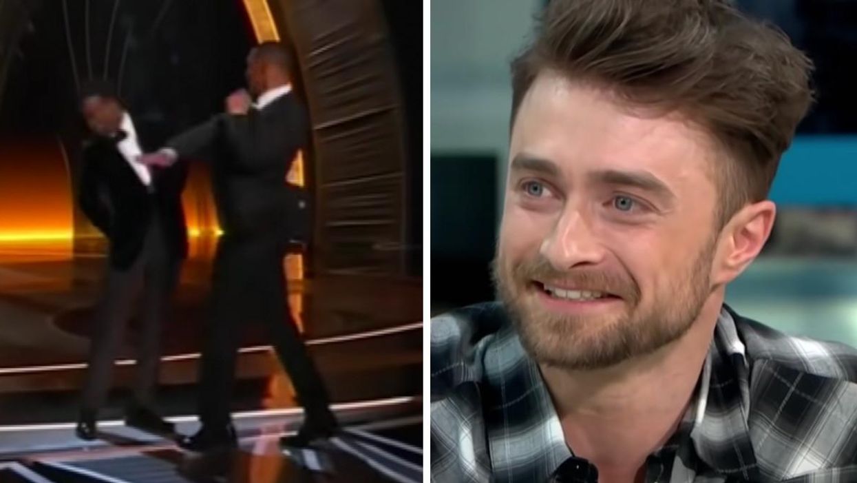 Will Smith slaps Chris Rock at the 2022 Oscars. Right: Daniel Radcliffe on Good Morning Britain