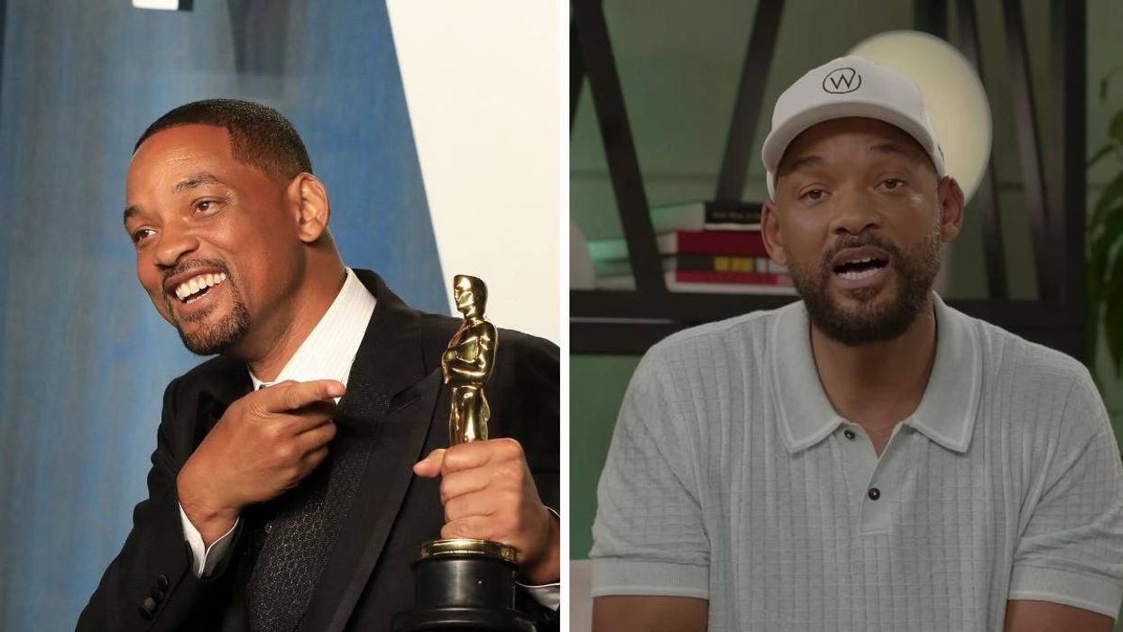 Will Smith with his Oscar at the Vanity Fair after-party. Right: Will Smith in his Oscar slap apology video.