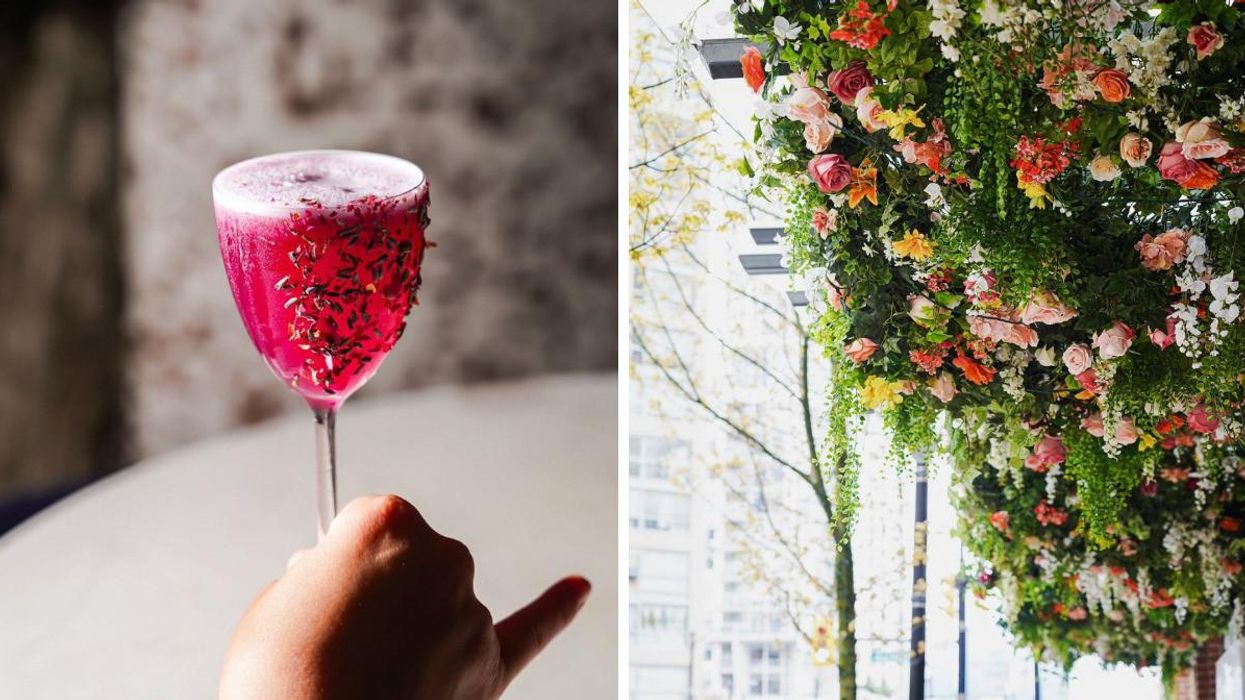 Will You Berry Me Drink. Right: Floral arrangements.