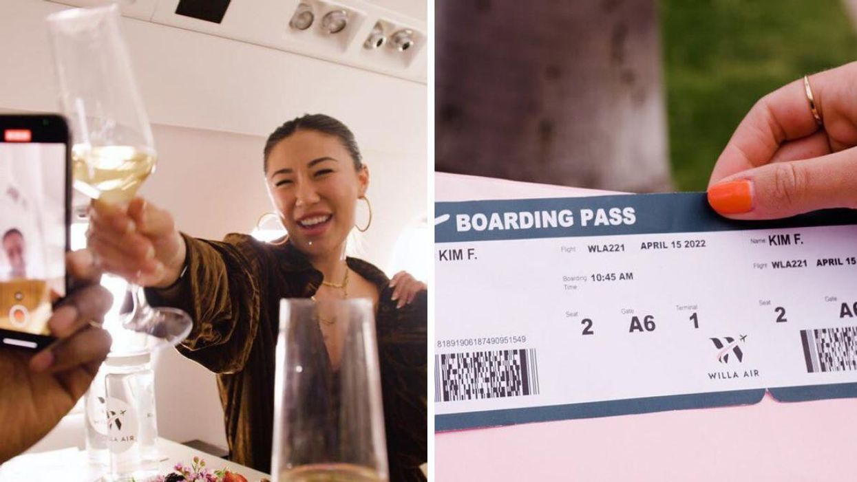 Willa Air ad showing passengers on their plane. Right: Willa Air boarding pass.