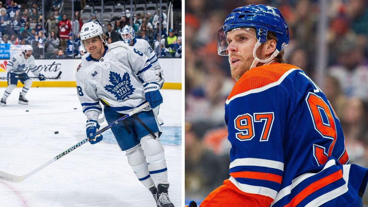 William Nylander dressed up in Toronto Maple Leafs hockey gear while skating on the ice. Right: Edmonton Oilers captain Connor McDavid looking away from the camera during a hockey game.